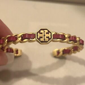 Tory Burch Marion woven gold and red/burgundy leather cuff bracelet